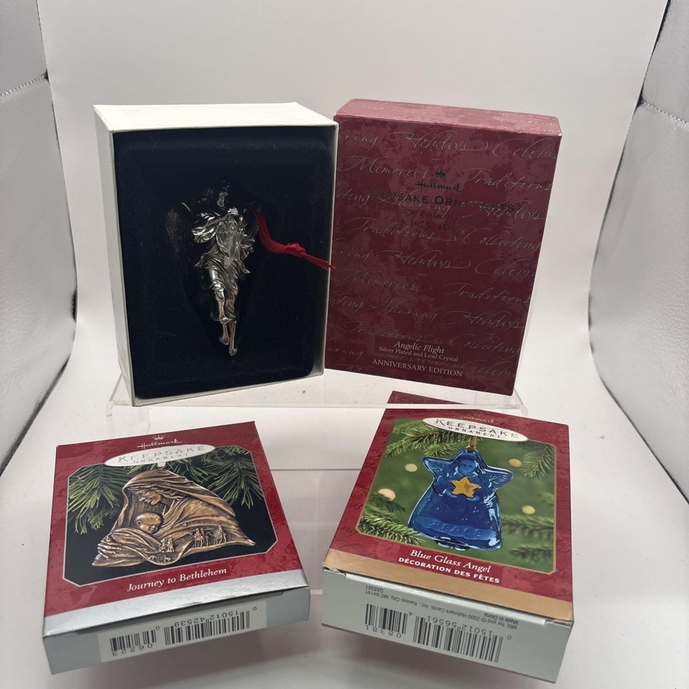 Hallmark Keepsake Ornaments~Lot of 3~Blue Glass Angel, Journey to Bethlehem Ange